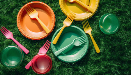 Colorful plastic tableware on green grass background. Top view.の素材