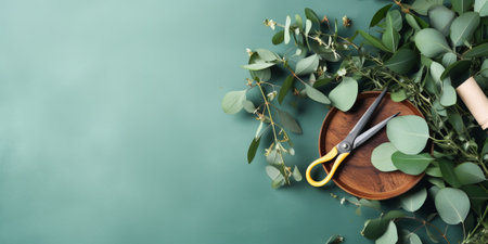 Eucalyptus branches with leaves and scissors on color backgroundの素材