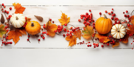 Autumn composition with pumpkins, leaves and berries on white wooden backgroundの素材