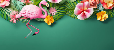 Summer background with pink flamingo, tropical leaves and flowers on green backgroundの素材