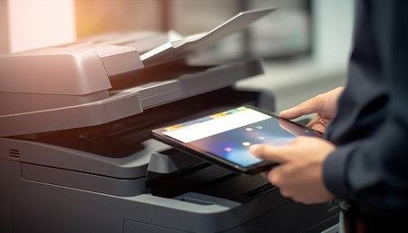 Businessman using digital tablet and printing on copier machine in officeの素材