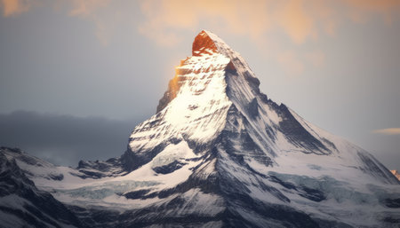Snowy mountain peak in the clouds at sunset. 3d renderingの素材