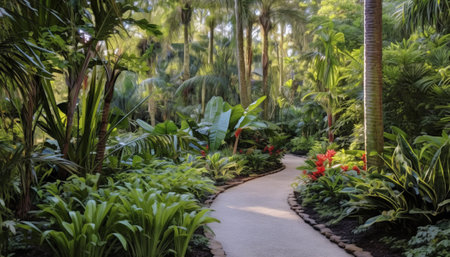 Walkway in beautiful tropical garden with palm trees and fernsの素材
