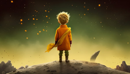 Little boy in yellow raincoat and scarf standing on the moon.の素材