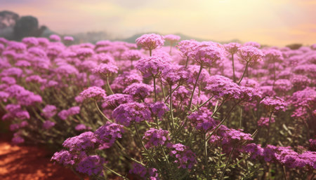 Verbena flowers blooming in the meadow at sunset.の素材