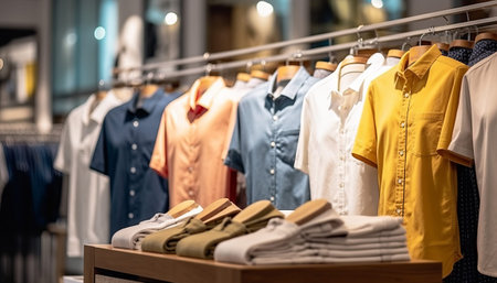 Clothing on hangers in a fashion store. Blurred backgroundの素材
