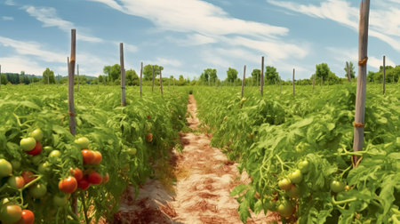 Rows of red and green tomatoes growing in a vineyard in the countrysideの素材