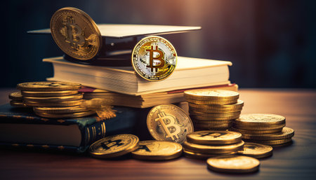 Bitcoin, books and coins on the table. Cryptocurrency conceptの素材