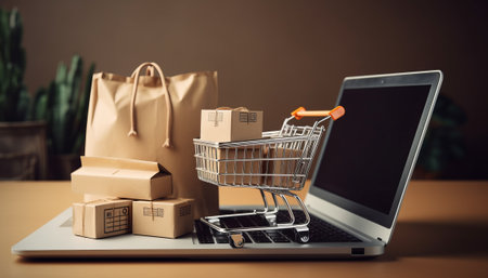 Online shopping concept. Shopping cart with paper bags and laptop on the tableの素材