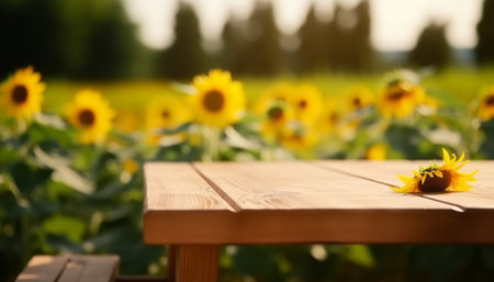 Wooden table in front of sunflowers field. Selective focus.の素材