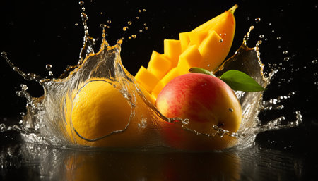 Fruit splashing into water on black background, close-upの素材