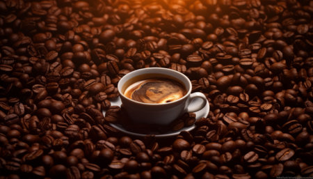 Coffee cup and coffee beans on a dark brown background.の素材