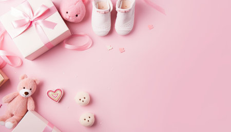 Flat lay of baby accessories on pink background, space for textの素材