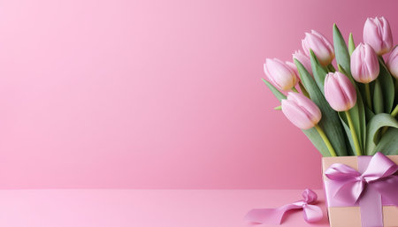 Bouquet of pink tulips and gift box on pink backgroundの素材