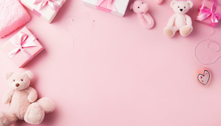 Valentine's day background with teddy bear, gift box and hearts on pink backgroundの素材