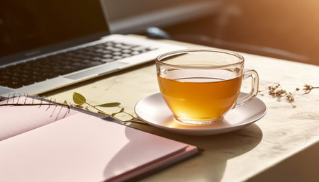 Cup of tea with notebook and laptop on table in morning sunlightの素材
