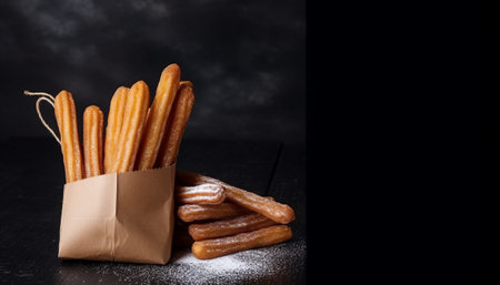 Churros in a paper bag on a black background. Copy space.の素材