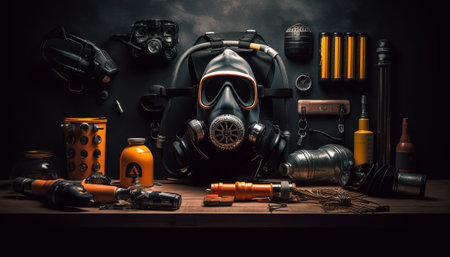 Gas mask and tools on a wooden table on a dark background.の素材