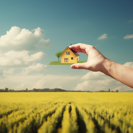 house in hand over yellow field and blue sky, real estate conceptの素材
