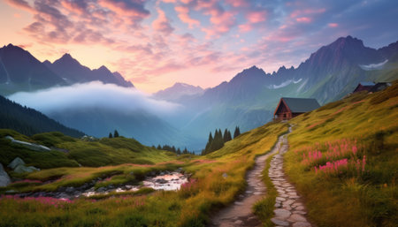 Beautiful summer landscape with alpine meadows and wooden house.の素材