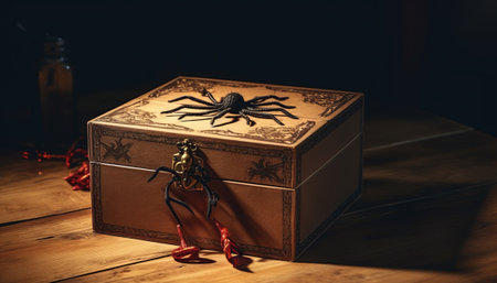 Gift box with a spider on a wooden table in the darkの素材
