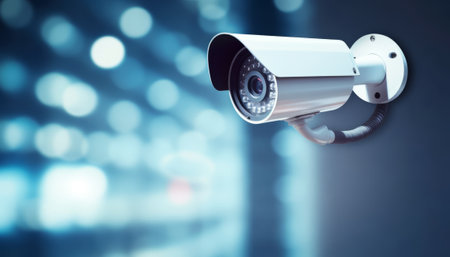 CCTV security camera on blue bokeh background. 3d renderingの素材