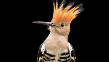 Close up view of a hoopoe bird isolated on a black backgroundの素材