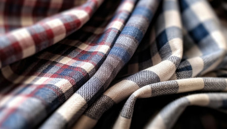 Close up of checkered plaid fabric as a background.の素材