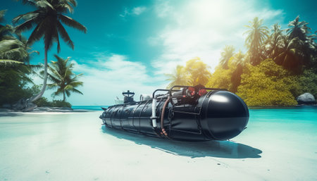 Submarine on a tropical beach with palm trees. 3d renderの素材