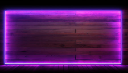 Purple neon lights on a wooden wall. 3d rendering.の素材