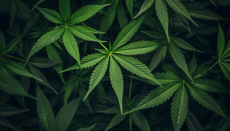 Cannabis leaf background. Green leaves of marijuana plant. Cannabis at the beginning of flowering.の素材