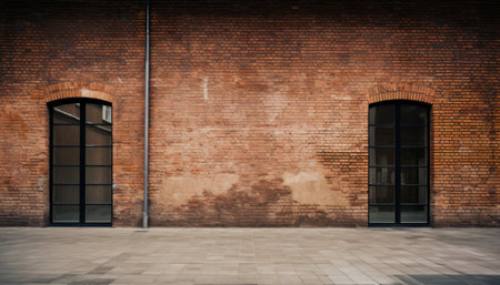 Old brick wall with black glass doors. Perspective view. 3d renderingの素材