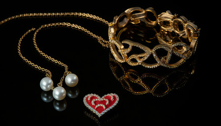 jewelry on a black background close-up with a heartの素材