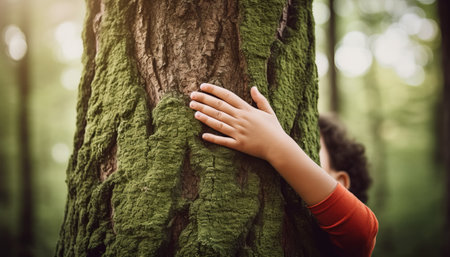 Little boy hugging a tree trunk in the forest, close-upの素材