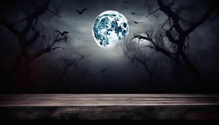 Halloween background with full moon over wooden table. Halloween holiday concept.の素材