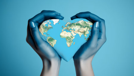 Hands in blue gloves holding heart shaped world map on blue backgroundの素材