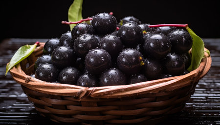 Bowl of fresh black aronia berries with water drops on black backgroundの素材