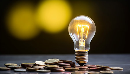 Light bulb and coins. Business and finance concept. Electricity prices, energy saving in the household.の素材