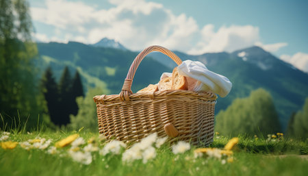 Picnic basket on green grass with dandelions and mountains in the backgroundの素材