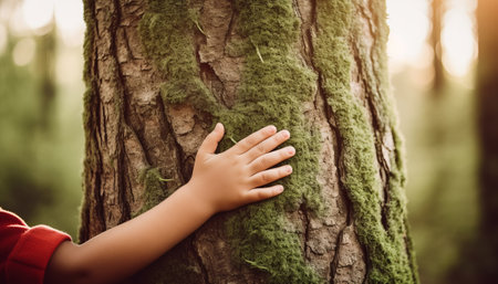 Closeup of a child's hands touching a tree in the forestの素材