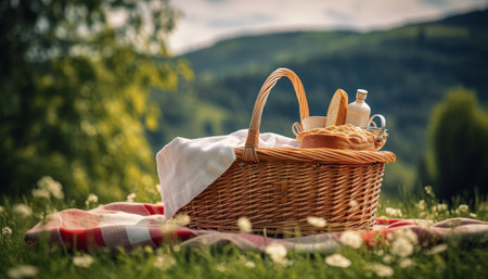 Picnic basket with bread and milk on the grass in the mountainsの素材