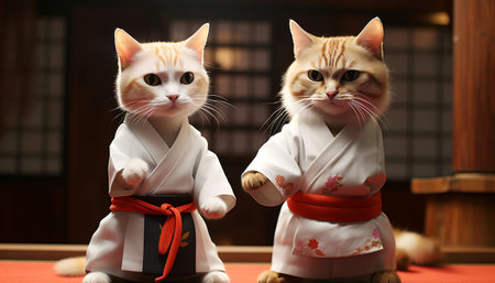 Two cats in kimono on the red carpet, close upの素材