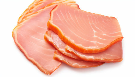 Slices of smoked ham isolated on white background. Top view.の素材
