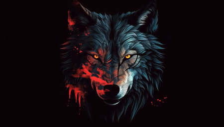 angry wolf face on a black background with fire flames, illustrationの素材