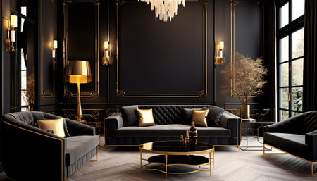 Luxury living room interior with black walls, wooden floor, black sofas and golden armchairs. 3d renderingの素材
