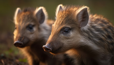 Two young wild boar (Sus scrofa) in the forestの素材