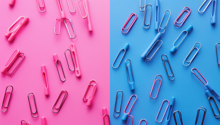 Colorful paper clips on blue and pink background. Flat lay, top viewの素材