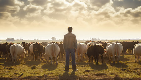 Rear view of man standing with cows in the field at sunsetの素材