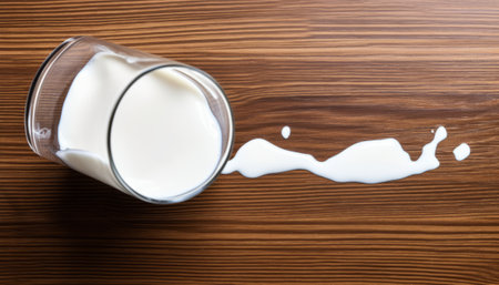 Glass of milk on a wooden table. Top view with copy spaceの素材