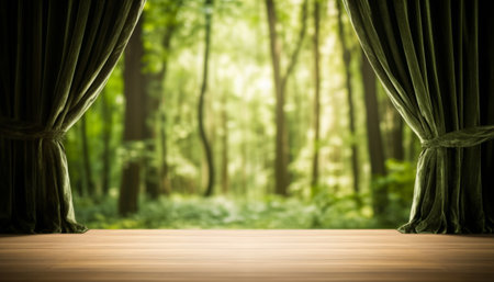 Wooden floor and green curtains in the forest. 3d renderingの素材